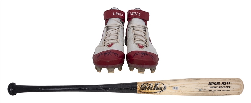 Lot of (2) Jimmy Rollins Game Used & Signed Cleats and Game Used Bat (MLB Authenticated, J.T. Sports & JSA) 